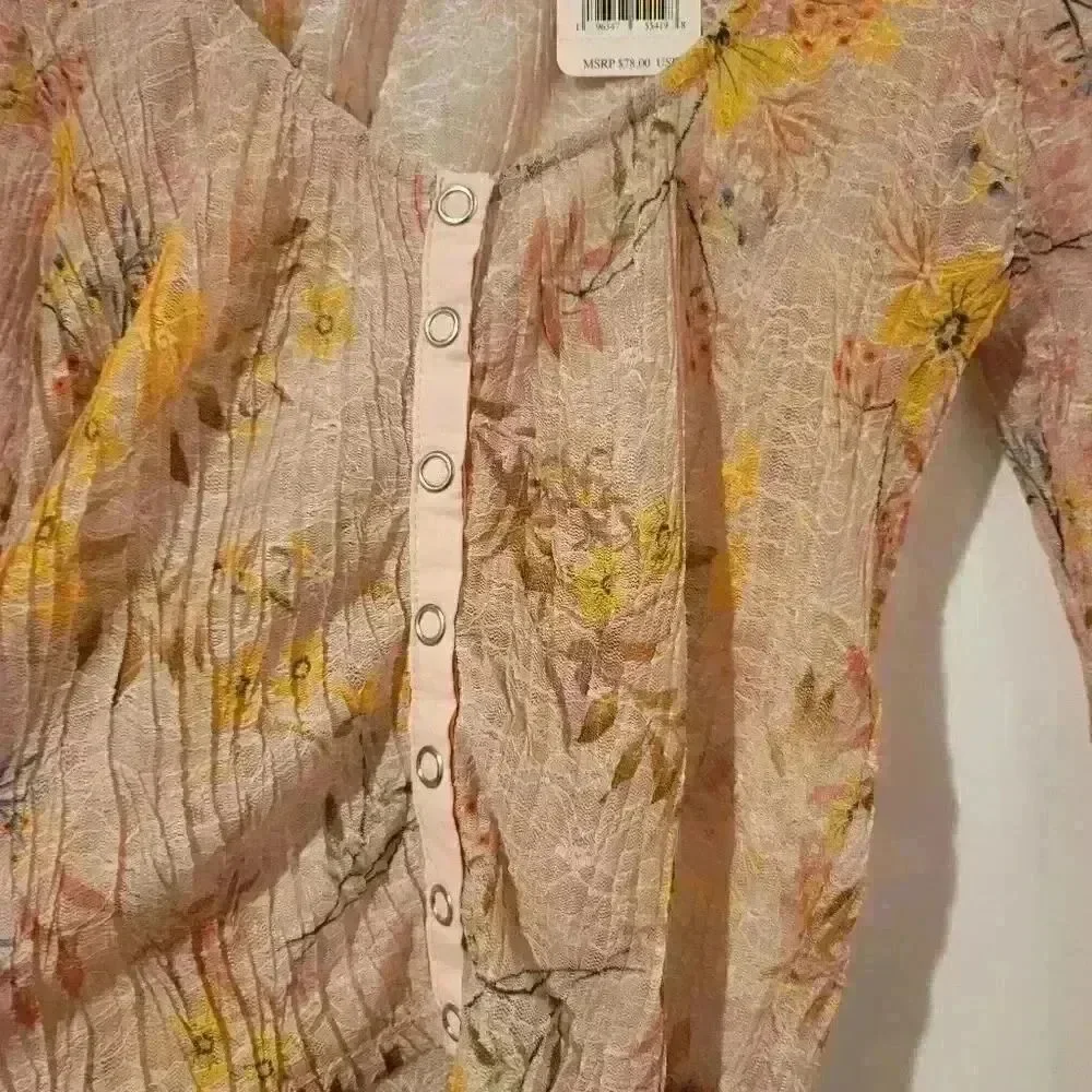 Free People Angelina Floral Sheer Long Sleeve Button Up Top Size Small